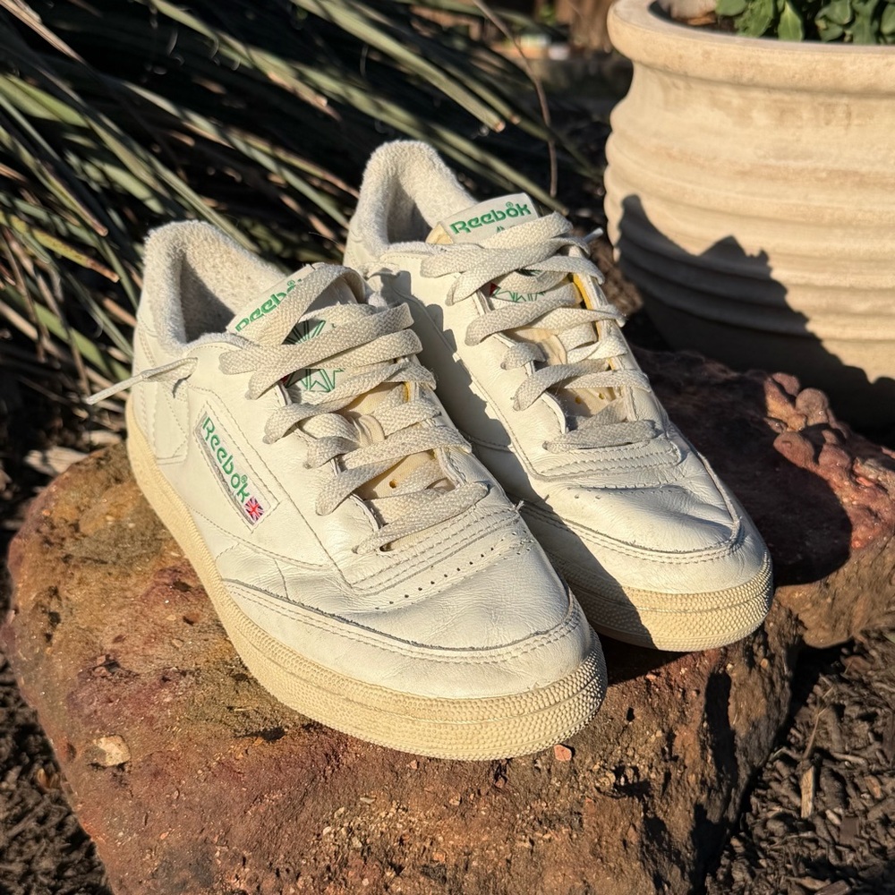 Reebok Cream/Green Low-Top Leather Sneakers